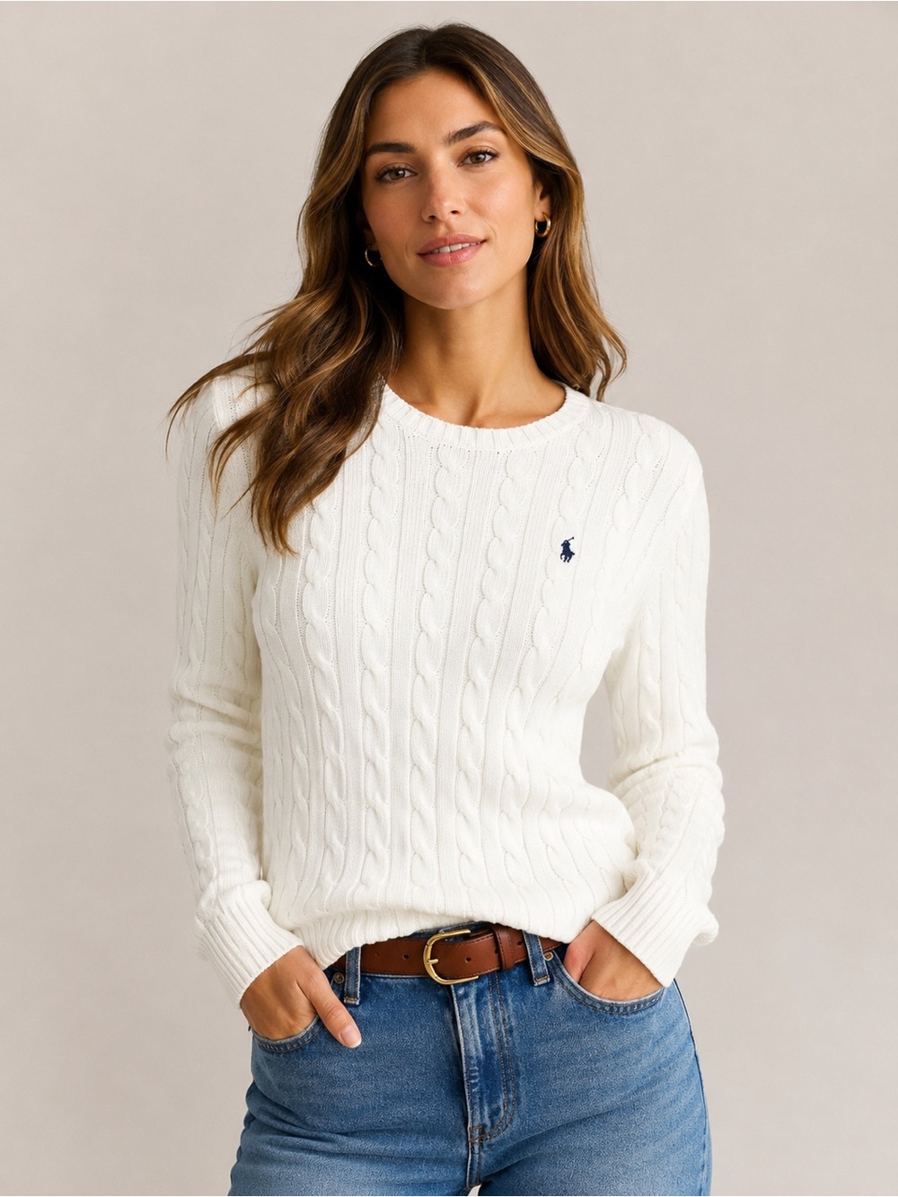 Polo Ralph Lauren White Cable Knit Cotton Crewneck Sweater Women’s L